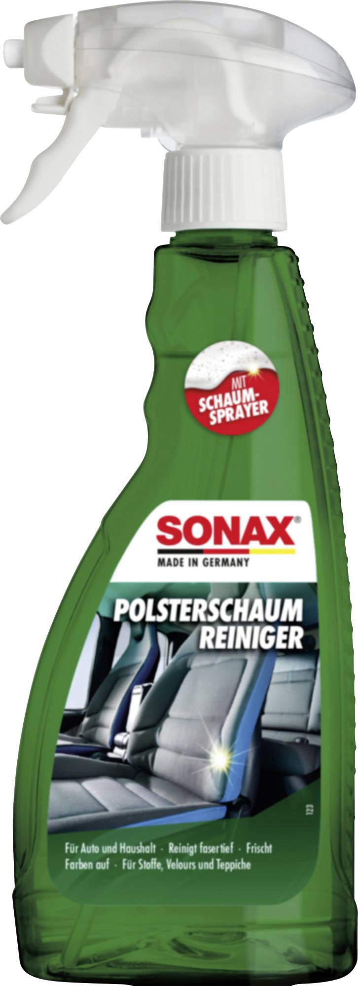 Zelená fľaša čističa čalúnenia Sonax s sprayovacím ventilom s kurzorem, označená ako "Polsterschaum Reiniger" a "Schaum-Sprayer", na použitie v automobiloch a domácnosti.