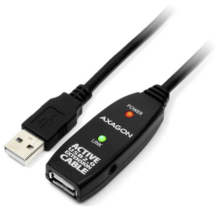 USB aktívny predlžovací kábel s modulom AXAGON, LED indikátory označené POWER a LINK a USB-A konektormi na oboch koncoch.