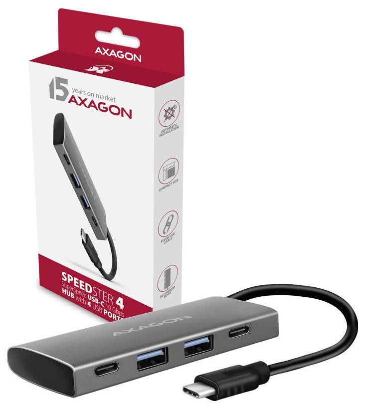 AXAGON Speedster 4 USB-C hub s dvomi portmi USB-A a dvomi portmi USB-C, zobrazený s maloobchodným balením a pripojeným kábľom USB-C.