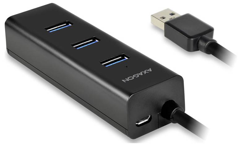 Čierny USB hub s tromi modrými svetielkovými portami a vstupom na napájanie cez micro-USB, zobrazený s konektorom USB kábla