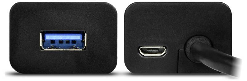 Dva pohľady na čierny adaptér: na jednej strane je modrý USB-A port, na druhej strane je micro-USB port s pripojeným káblom.