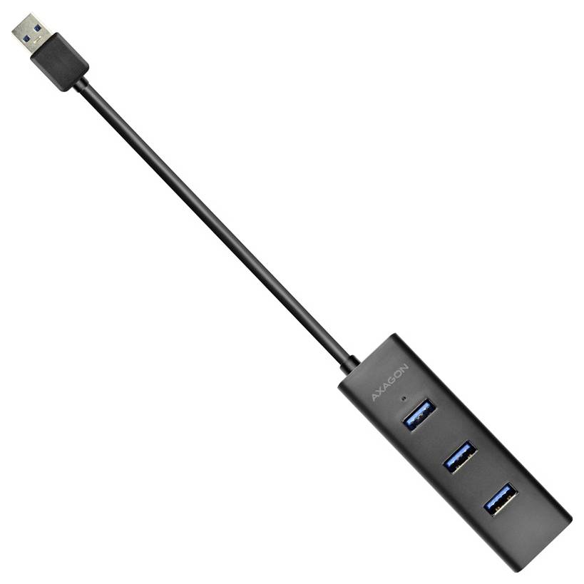 Čierny USB hub adaptér s krátkym kablom, jedným USB zástrčkou a tromi modrými USB portami.