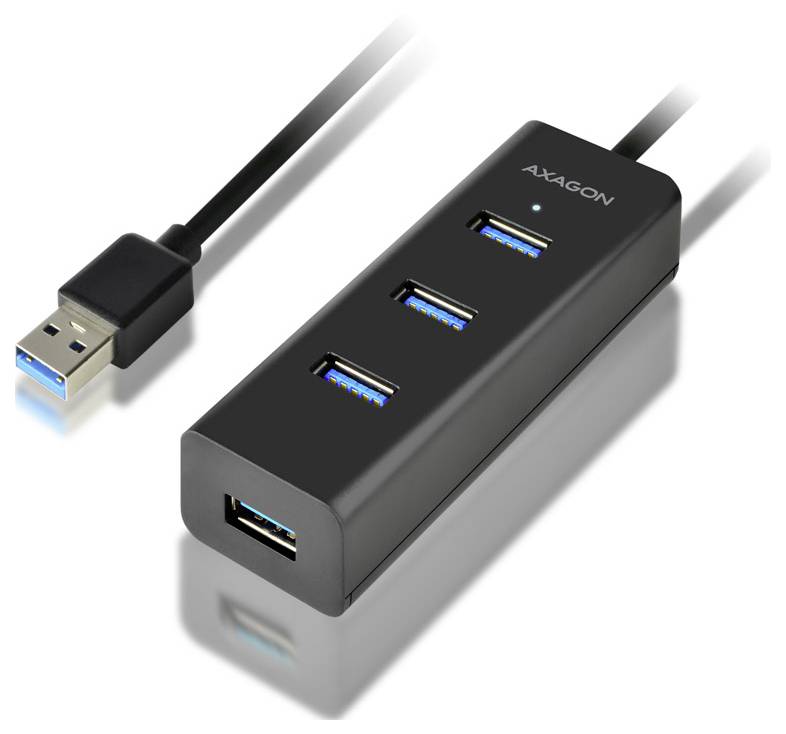 Čierny USB hub AXAGON s tromi USB portami v hornej časti a jedným predným portom, zobrazený s pripojeným USB kábľom.