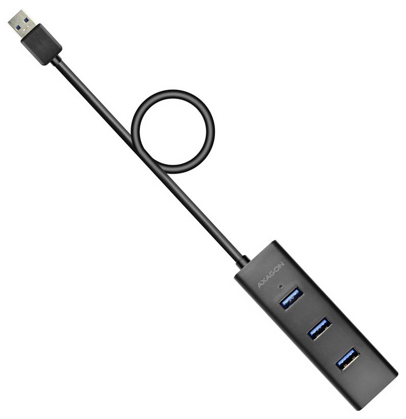 Čierny USB-C hubový adaptérový kábel so slučkou, zobrazujúci jeden konektor USB-A a obdĺžnikový hub s tromi modrými USB portmi.
