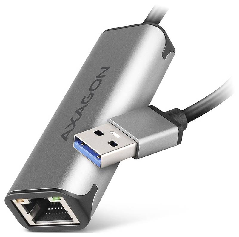 AXAGON USB 3.0 adaptér na Ethernet s pripojeným USB káblom, zobrazený na bielom pozadí.
