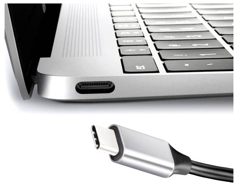 Zblízka zobrazenie USB-C portu notebooku a zodpovedajúceho USB-C konektora, ktoré ukazujú pripojenie zariadenia a kábla.