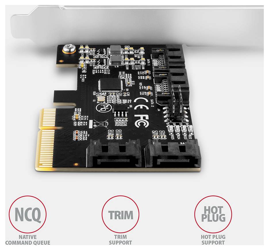 Rozširovaciu kartu PCIe s označenými funkciami: 'NCQ' natívna fronta, podpora 'TRIM' a 'HOT PLUG'.