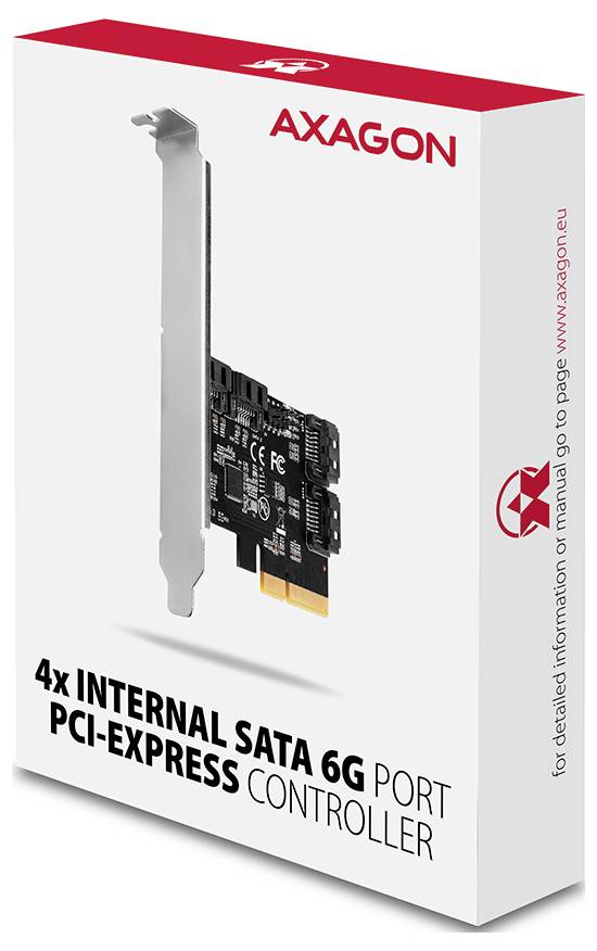 AXAGON 4x interný SATA 6G PCI-Express riadiaci kart s obrázkom PCIe rozširovacej karty na produktovej krabici a textom webovej stránky.