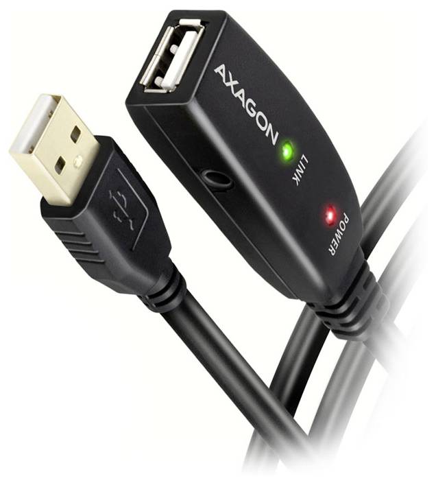 Rozširovacie adaptér USB s označením AXAGON, ktorý zobrazuje zelené svetlo indikátora 'LINK' a červené svetlo indikátora 'POWER' na pripojených káblikoch USB.