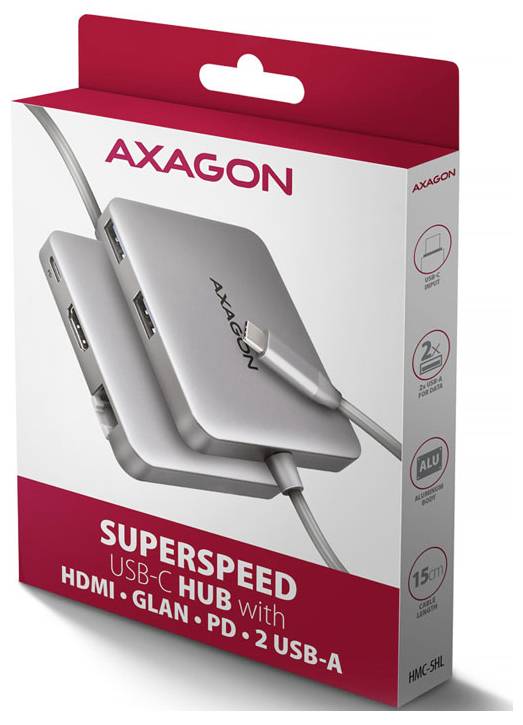 AXAGON Superspeed USB-C hub krabica v maloobchode zobrazujúca hub s HDMI, LAN, PD a 2 portami USB-A, plus 15 cm kábel.