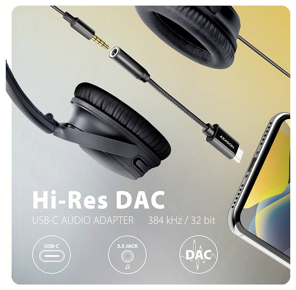 Propagačný obrázok čiernych slúchadiel cez uši s USB-C audio adaptérom a telefónom, označený „Hi-Res DAC" a „USB-C AUDIO ADAPTER 384 kHz / 32 bit".