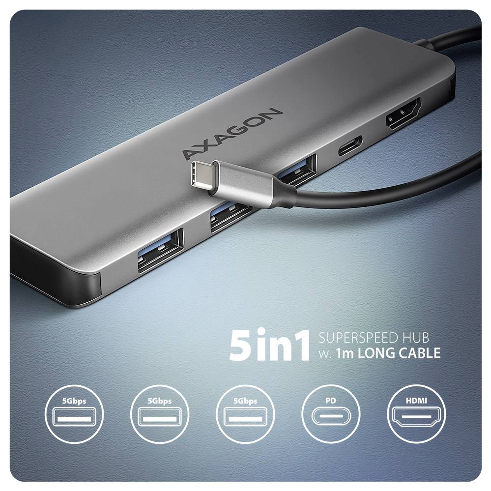 AXAGON 5-v-1 ultrarýchly USB-C hub s kabelom dlhým 1m, zobrazujúci 3 porty USB 3.0, USB-C PD a HDMI výstup.