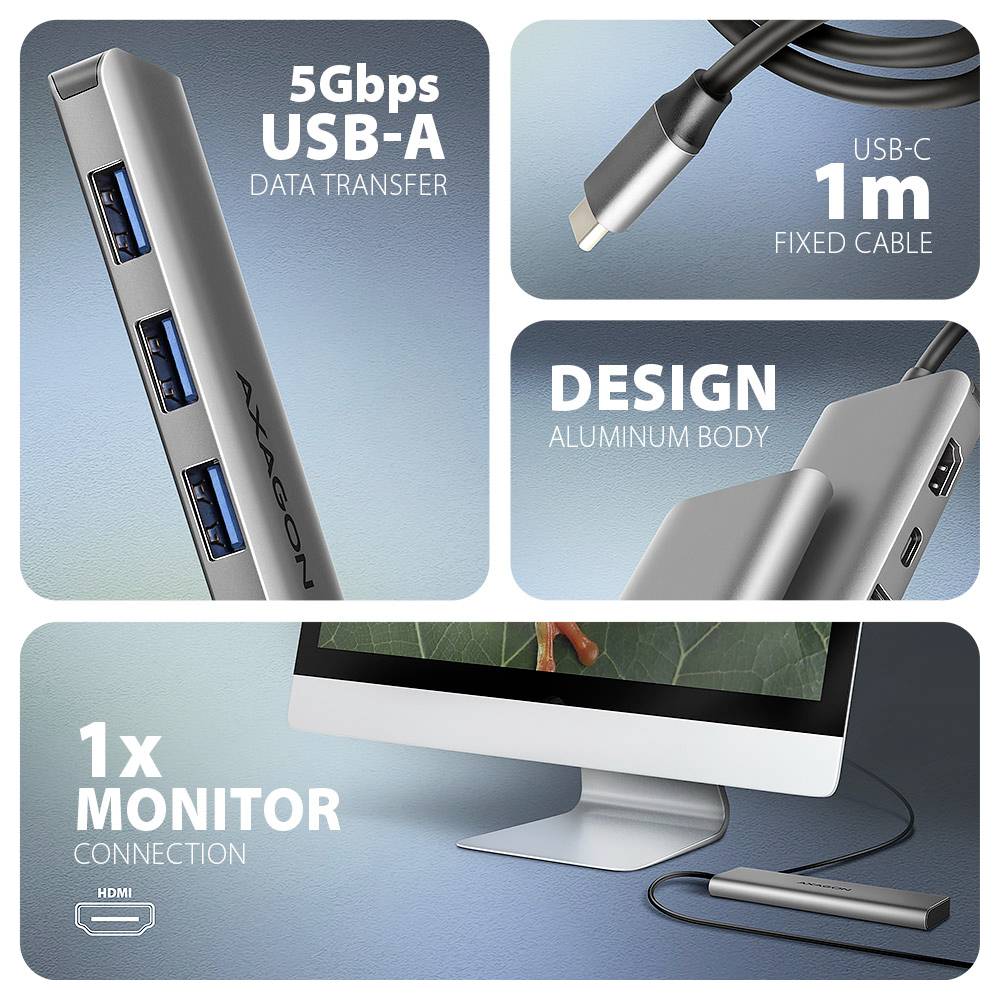 Koláž produktu strieborného USB-C hubu s prenosom údajov USB-A rýchlosťou 5 Gbps, pevným kablom USB-C dlhým 1 m, hliníkovým puzdrom a 1 pripojením monitora cez HDMI.