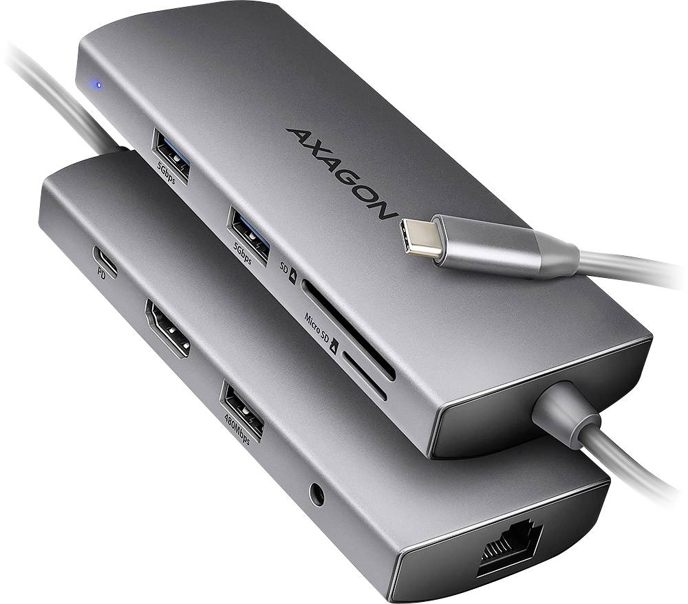Strieborný AXAGON USB-C hub dok s viacerými USB portami, HDMI, slotmi na SD/microSD karty, Ethernetom a pripojenými kablami.