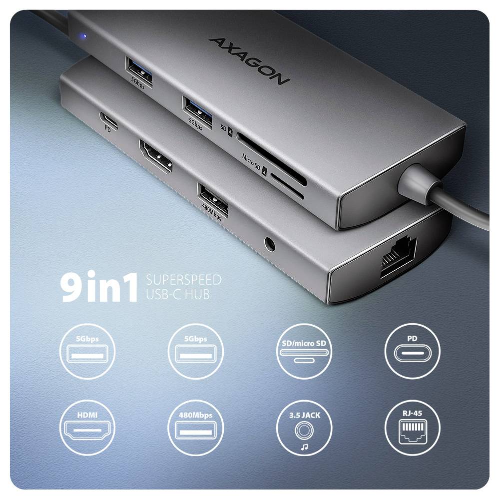 AXAGON 9-v-1 SuperSpeed USB-C hub zobrazený s viacerými portmi, vrátane USB, HDMI, SD/microSD, audio jacku, USB-C PD a RJ-45 ethernetu.