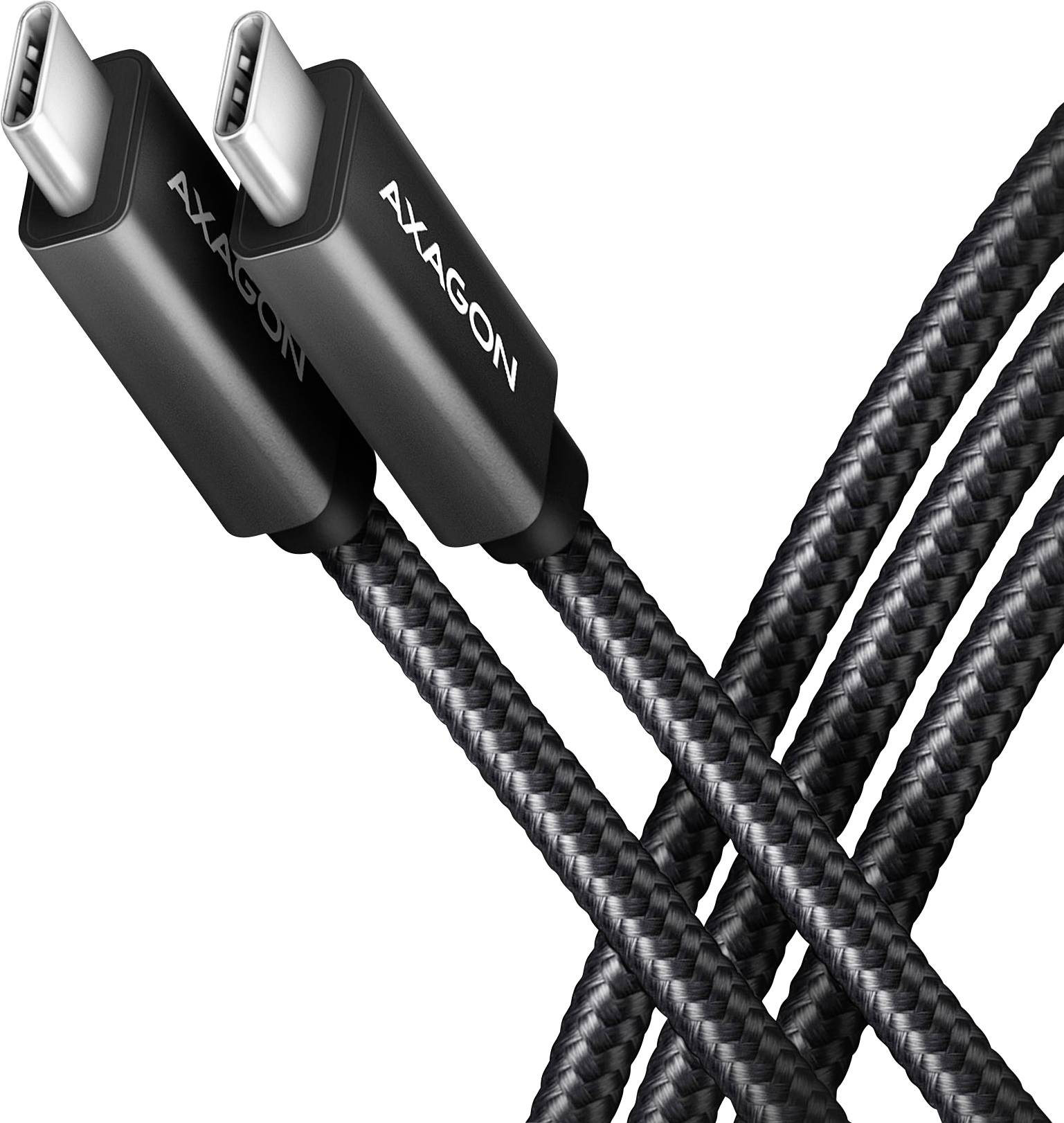 Dva pletené čierne USB-C nabíjacie káble s konektormi Axagon prekrížené na bielom pozadí.
