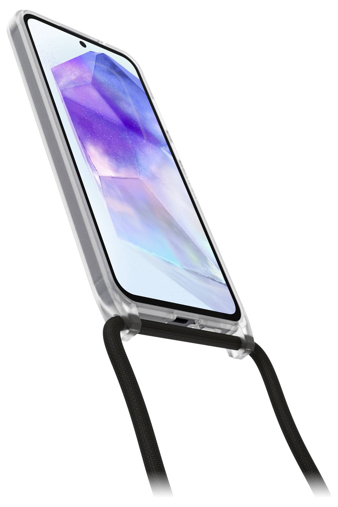 Smartphone v priehľadnom ochrannom puzdre zobrazený na čiernom karabíne alebo šnúre, naklonený na bielom pozadí.