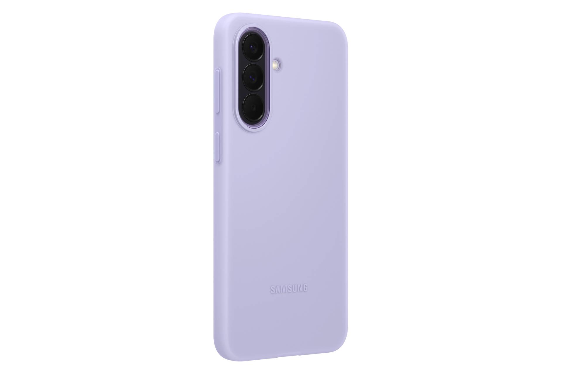 Smartfón Samsung v lavandovej farbe zobrazený zozadu s vertikálnymi trojitými objektívmi fotoaparátu a bleskom v blízkosti horného ľavého rohu.