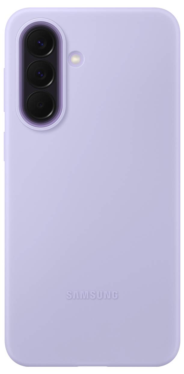 Zadná strana fialovej Samsung smartfónu s tromi zadnými fotoaparátmi a bleskom v ľavom hornom rohu.