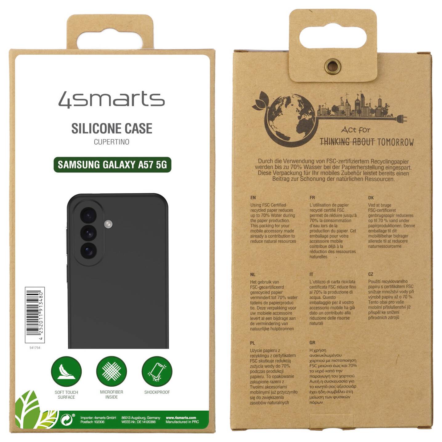 Balenie pre silikonový obal 4smarts na Samsung Galaxy A57 5G, ktoré zobrazuje puzdro na prednej strane a informácie o recyklácii/životnom prostredí na zadnej strane.