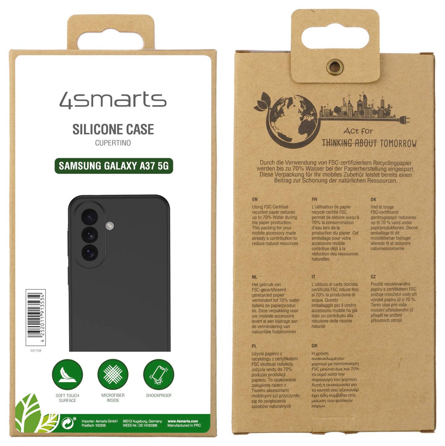 Balenie pre silikónový kryt 4smarts na Samsung Galaxy A37 5G, zobrazené spredu a zozadu, s obrázkom produktu a ekologickým textom zameraným na recykláciu.
