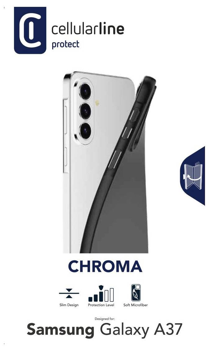Puzdro na telefón Cellularline Protect s Samsung Galaxy A37 v tenkom čiernom puzdre „CHROMA" s zdôraznením tenkého dizajnu, ochrany a mäkkého mikrovlákna.