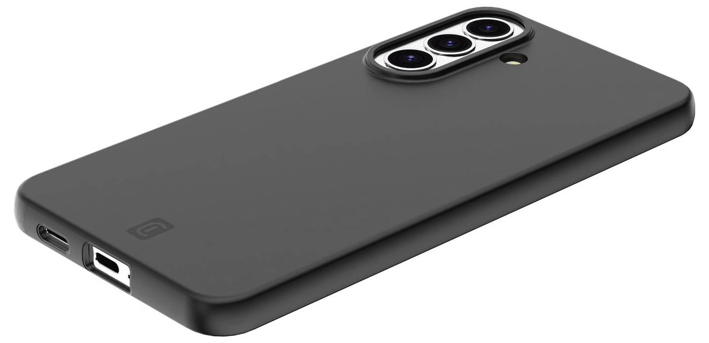 Čierny obal na smartphone s vyvýšeným trojitým výrezom pre fotoaparát a otvormi pre port nabíjania na bielom pozadí