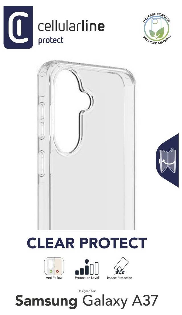 Transparentný obal na telefón značky 'Clear Protect' pre Samsung Galaxy A37 s ikonami ochrany proti žltnutiu a ochrane pred nárazmi.