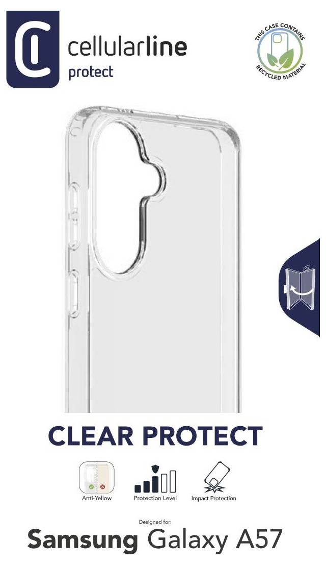 Transparentný kryt na telefón značený "clear protect" pre Samsung Galaxy A57 s ikonami ochrany pred žltnutím, stupňom ochrany a ochranou pred nárazmi.