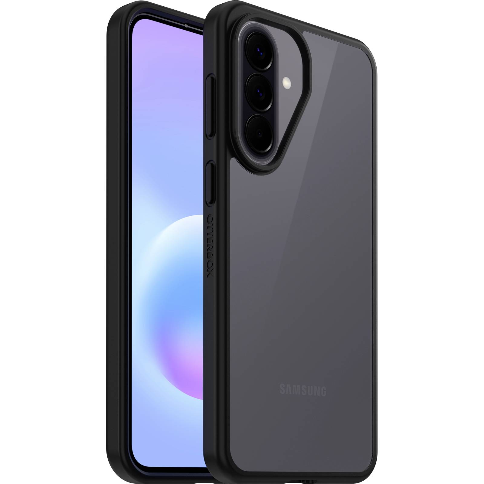 Dva smartfóny Samsung v čiernych ochranných púzdach, ktoré zobrazujú predný a zadný pohľad na telefón s trojitým zadným fotoaparátom.