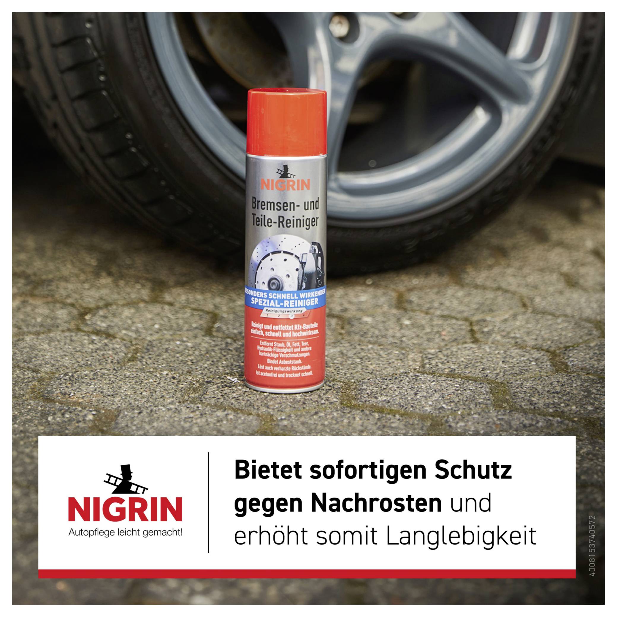 NIGRIN sprej na čistenie bŕzd a súčastí stojaci pred kolom automobilu, s reklamným textom sľubujúcim okamžitú ochranu pred hrdzou a dlhšiu životnosť.