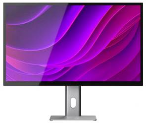 Plochý monitor s fialovou a ružovou abstraktnou vlnkou na displaji na stojane pred bielym pozadím.
