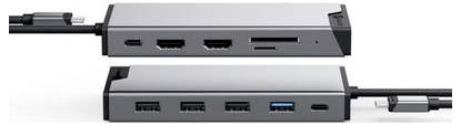 Dva sivé dokovacie stanice USB-C pripojené káblyami, ktoré zobrazujú viacero portov vrátane USB, HDMI, čítačky SD kariet a siete Ethernet na bielom pozadí.
