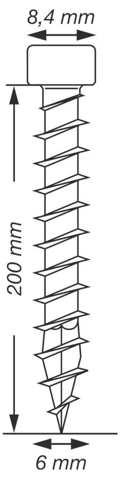 Technický nákres skrutky so širokú hlavou, označený šírka hlavy 8,4 mm, dĺžka 200 mm a šírka hrotu 6 mm.