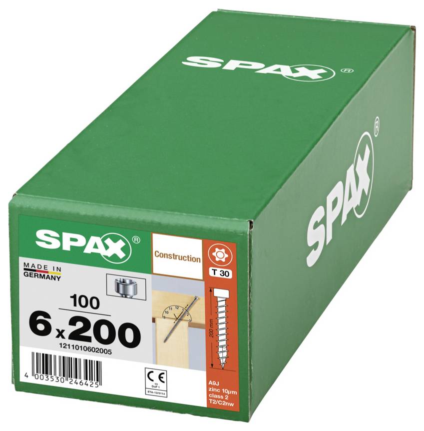 Zelené skrutky SPAX v balení označenom "6 x 200" s 100 kusmi, vyrobené v Nemecku, na stavebné použitie.