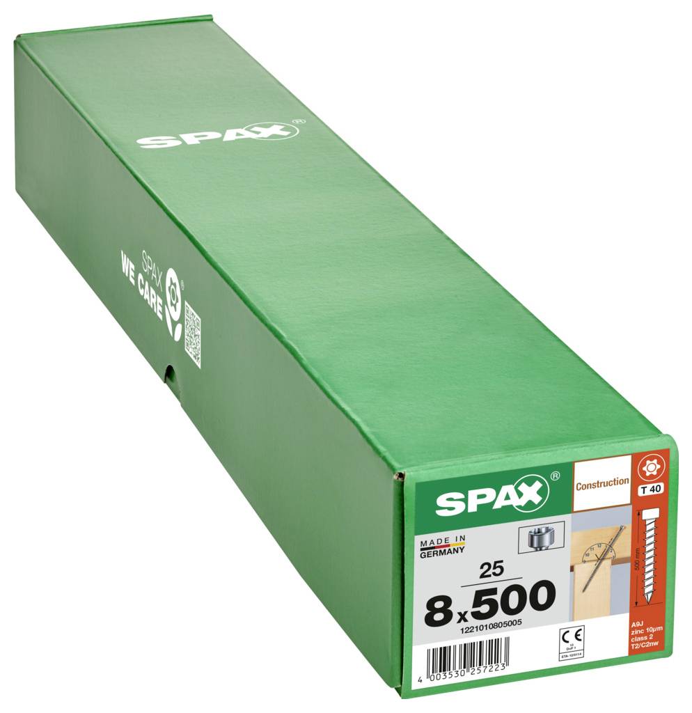 Zelená krabica SPAX stavebných skrutiek, označená "8x500" a "25", zobrazená na bielom pozadí.