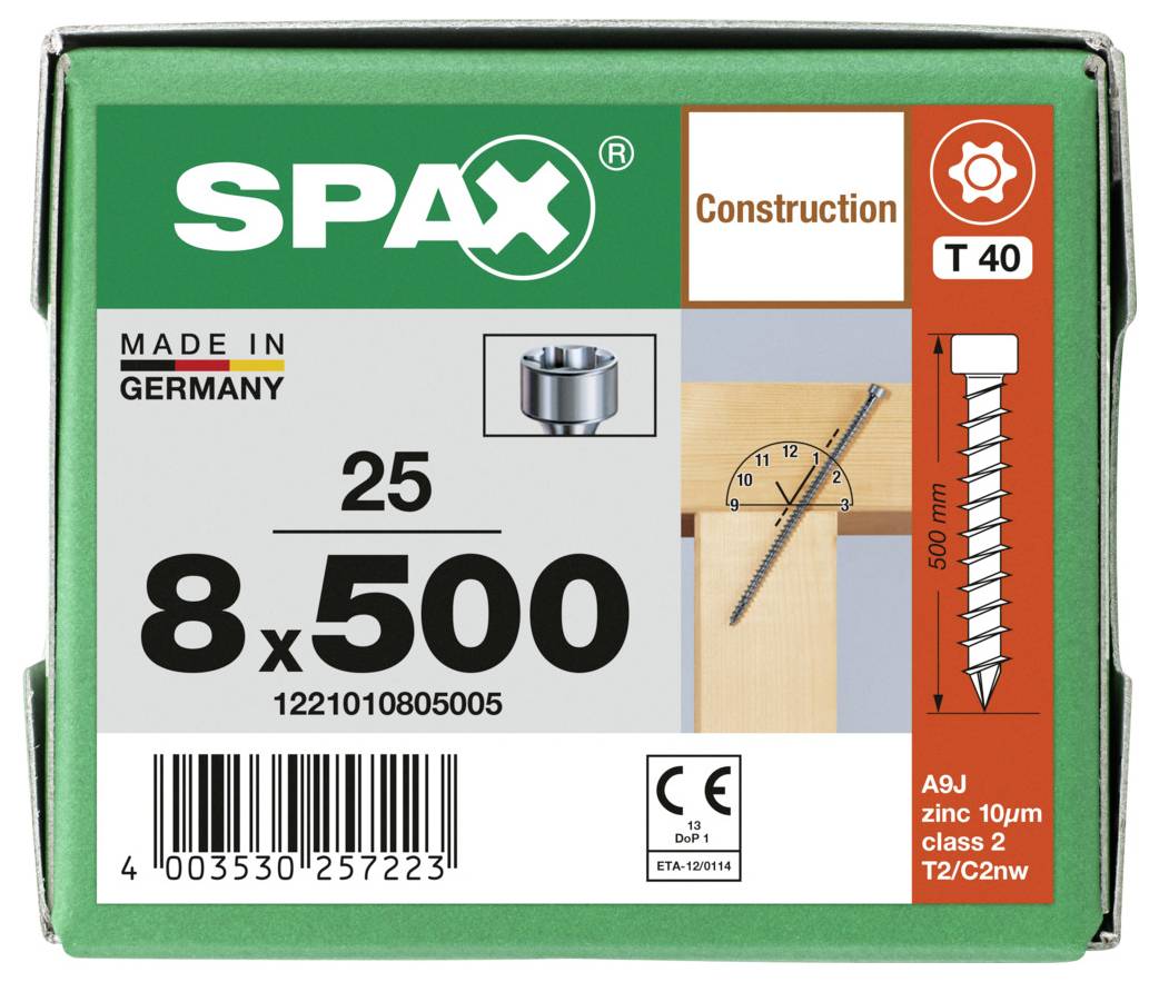 Krabica stavebných skrutiek SPAX, označenie T40, 8 x 500 mm, 25 kusov, vyrobené v Nemecku, s čiarovým kódom a detailami produktu.