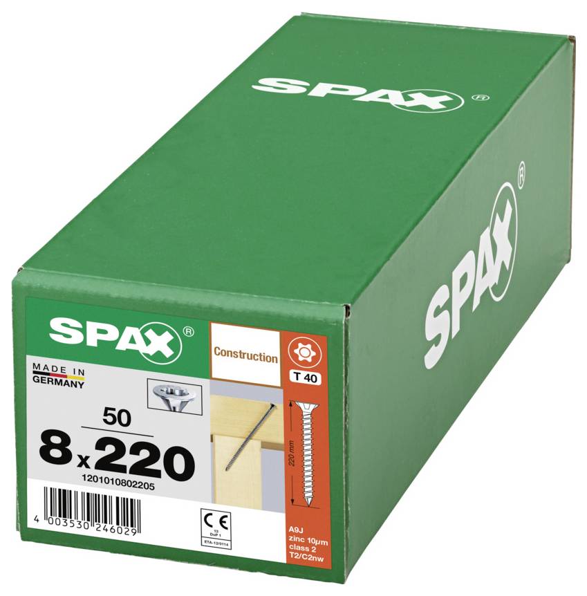 Zelená krabica skrutiek SPAX označená „8 x 220", „T 40", „Vyrobené v Nemecku", s obrázkom produktu a čiarovým kódom.