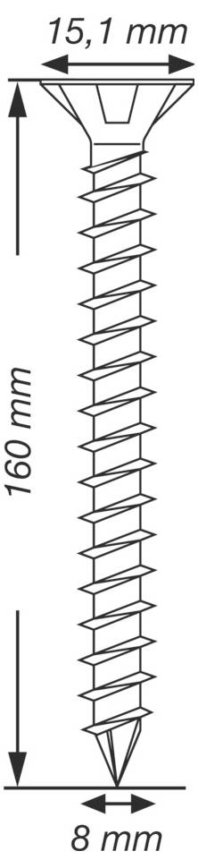 Technický výkres skrutky: dlhá 160 mm, šírka hlavy 15,1 mm a šírka hrotu 8 mm.