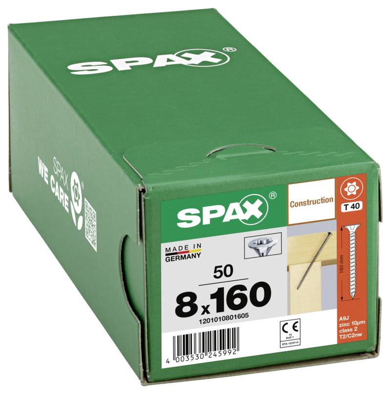 Zelená krabička skrutiek do stavby SPAX označená '8 x 160', množstvo 50 kusov, vyrobené v Nemecku, s obrázkom produktu a ikonou pohonu T40.