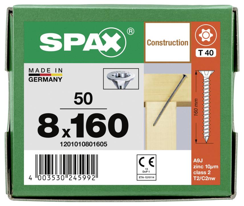 SPAX stavebná skrutka v krabici označená 8x160, množstvo 50, vyrobená v Nemecku, so zobrazením skrutky a čiarovým kódom.