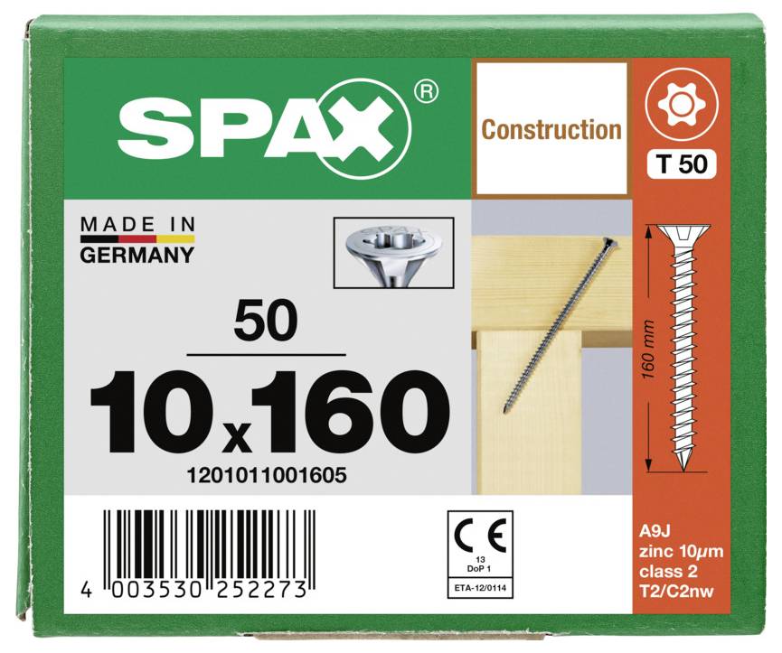 Krabica stavebných skrutiek SPAX, veľkosť 10 x 160 mm, balenie 50 kusov, vyrobené v Nemecku, s čiarovým kódom a podrobnosťami produktu.