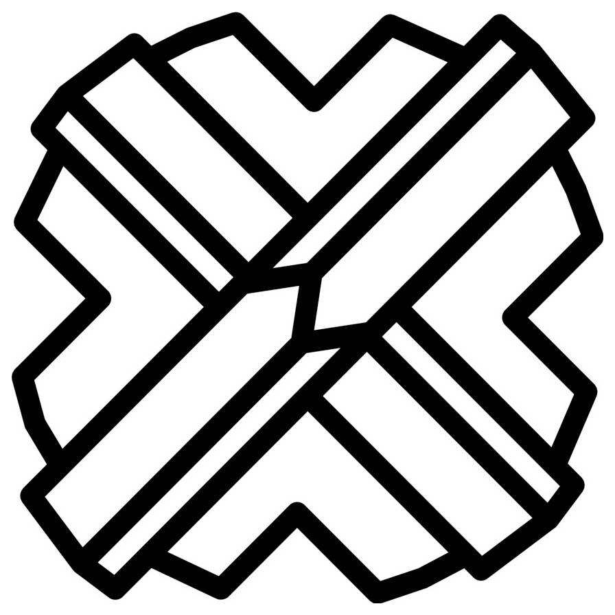 Čierne geometrické logo podobné uzlu tvorené vzájomne previazanými diagonálnymi pásmami vnútri osemhrannného obrysu.
