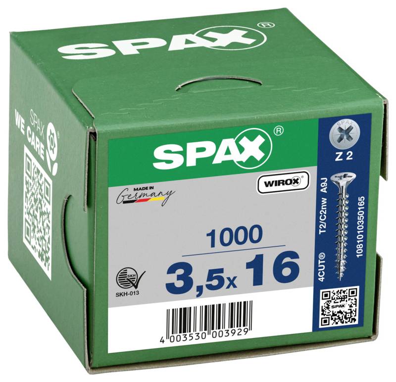 Zelená krabica skrutiek SPAX s označením '1000 3,5 x 16' s podrobnosťami o produkte a čiarovým kódom