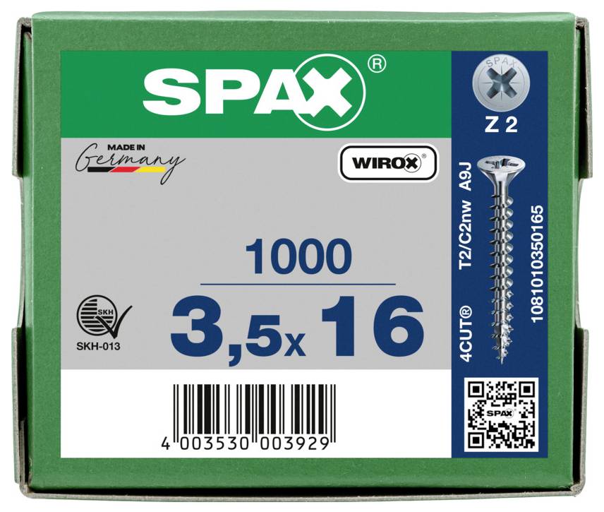 Krabica skrutiek SPAX WIROX s označením 1000, veľkosť 3,5 x 16 mm, s obrázkom produktu a čiarovým kódom.