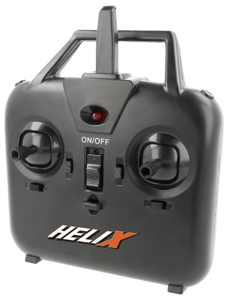 Diaľkový ovládač Black Helix s dvoma joystickmi, červeným indikátorom a spínačom ON/OFF pre zariadenie alebo dron.