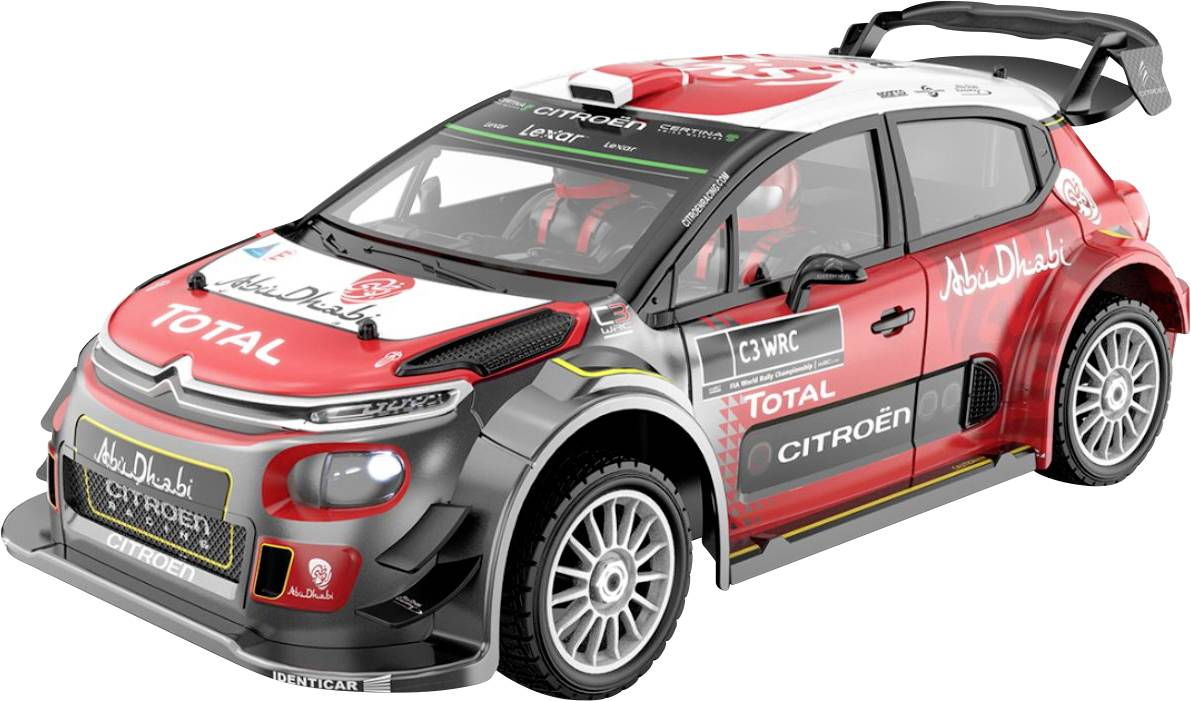 Červené a čierne rallyové auto Citroën s pretekárskymi nálepkami, zadným křídlom a logami sponzorov, zobrazené na bielom pozadí.