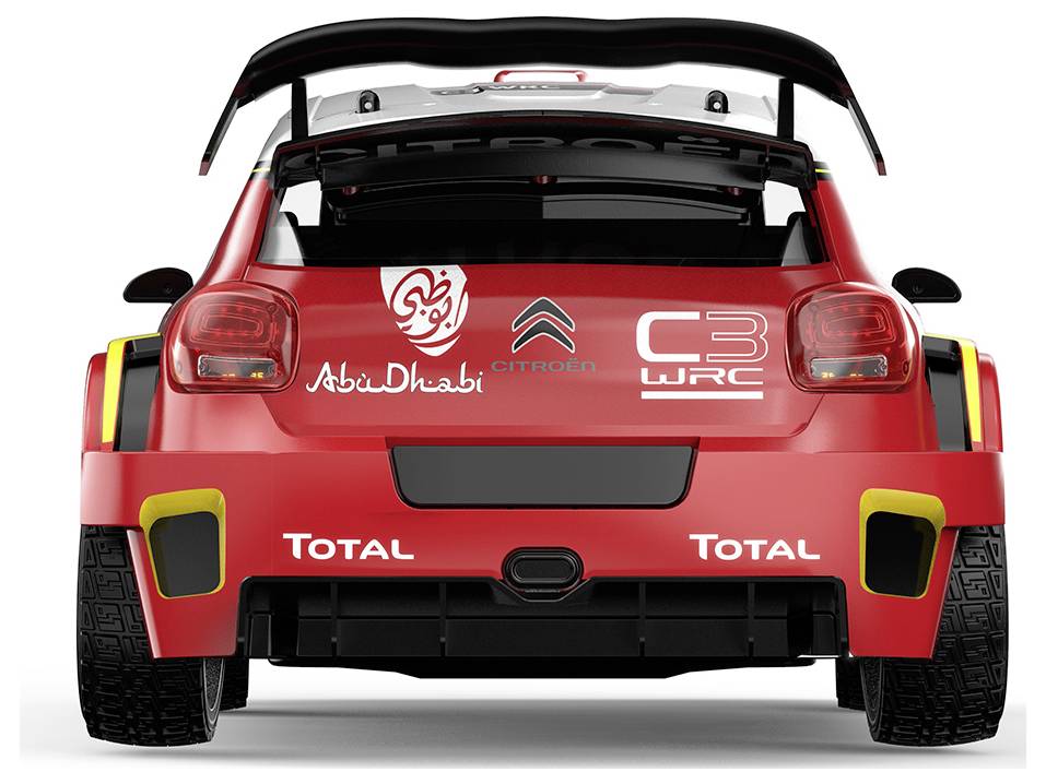 Zadný pohľad na červené rallyové auto Citroën C3 WRC s veľkým zadným krídlom a logami sponzorov Abu Dhabi, Citroën a Total.