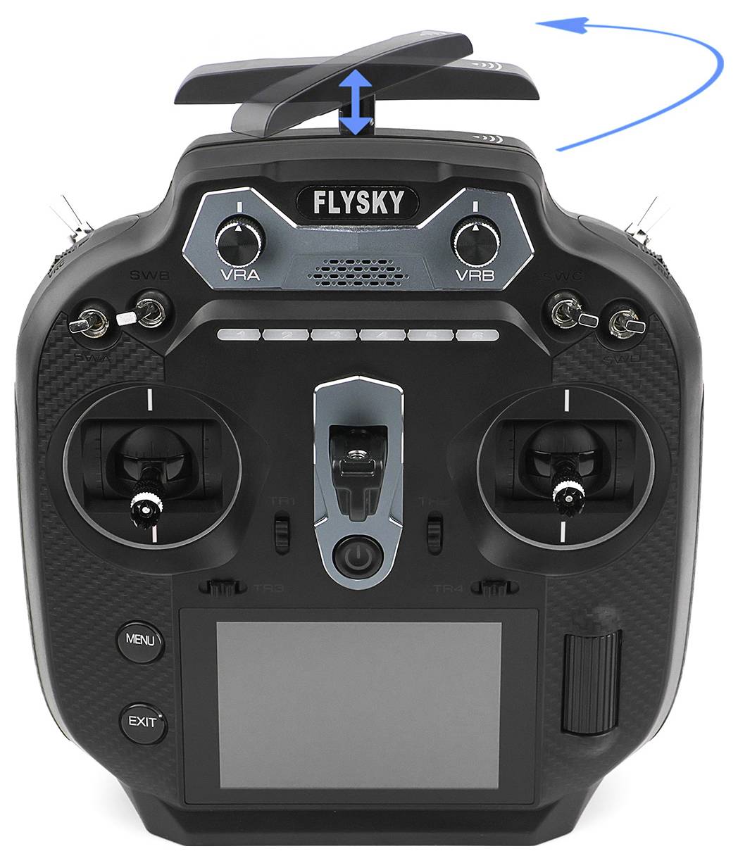 Predný pohľad rádiovej ovládača FLYSKY zobrazujúci horný rukoväť, ktorá sa dá zdvihnúť alebo otáčať, s duálnymi joystickmi, spínačmi a obrazovkou