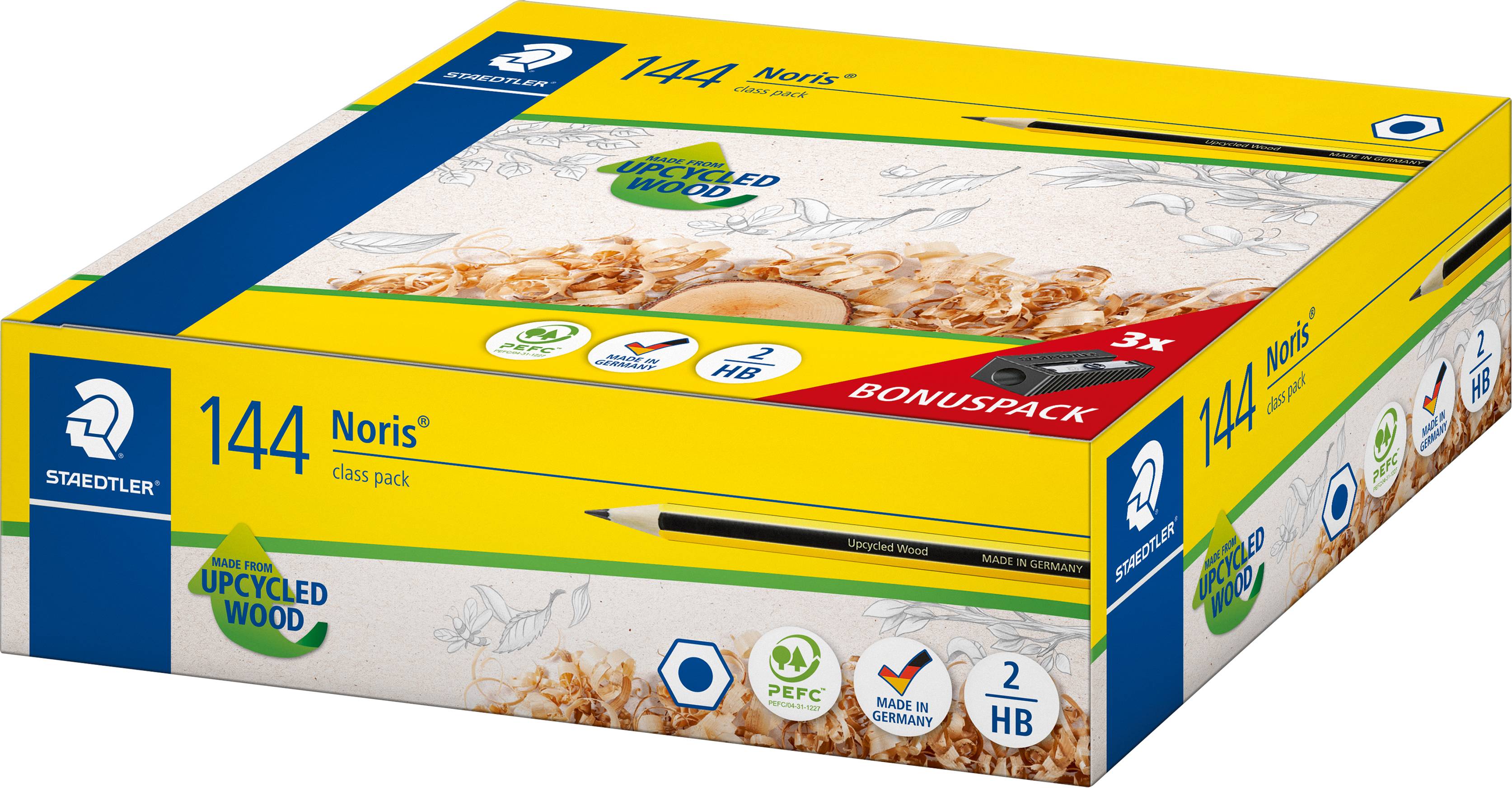 Žltá súprava Staedtler Noris 144 bonus pack s 12 ceruzkami HB, označená ako vyrobená z recyklovaného dreva a vyrobená v Nemecku.